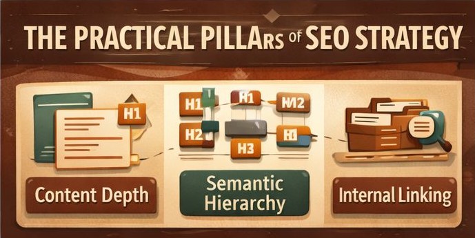 The practical pillars of SEO strategy including content depth semantic structure and internal linking