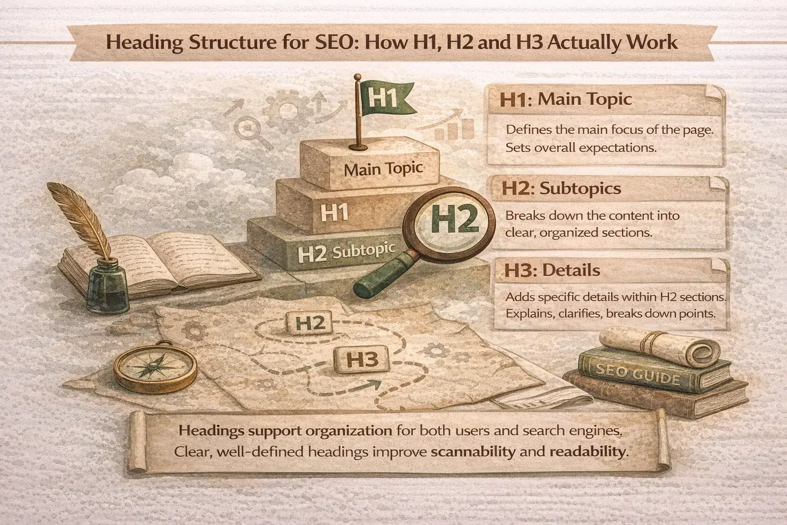 Heading structure for SEO showing H1, H2 and H3 hierarchy